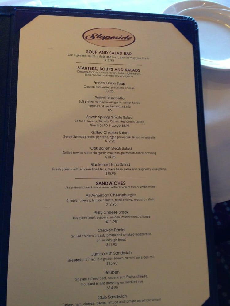 Menu at Slopeside Dining Room restaurant, Seven Springs, 777 Water Wheel Dr