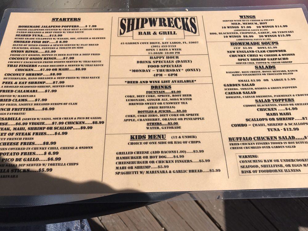 Menu at Shipwrecks Bar & Grill, Key Largo