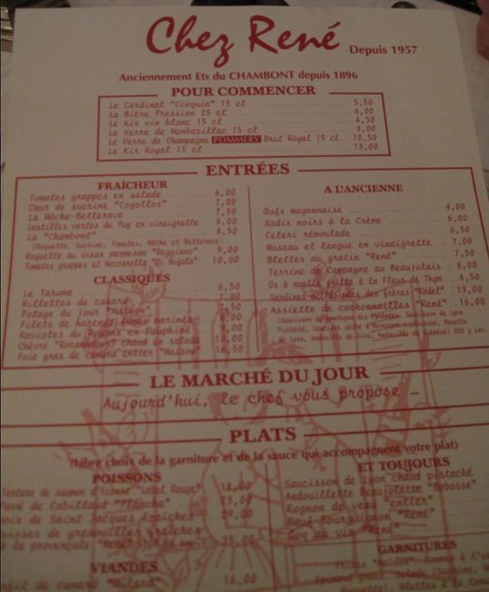 Menu at Chez René restaurant, Paris, 14 Bd Saint-Germain