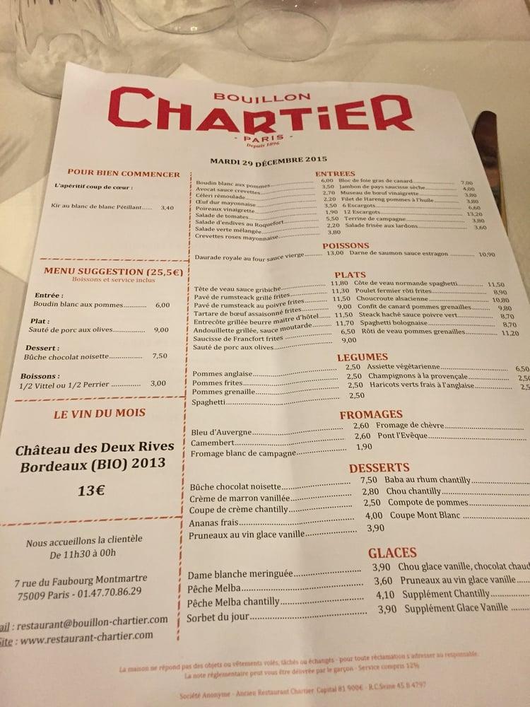 Menu at Bouillon Chartier Grands Boulevards restaurant, Paris, 7 Rue du