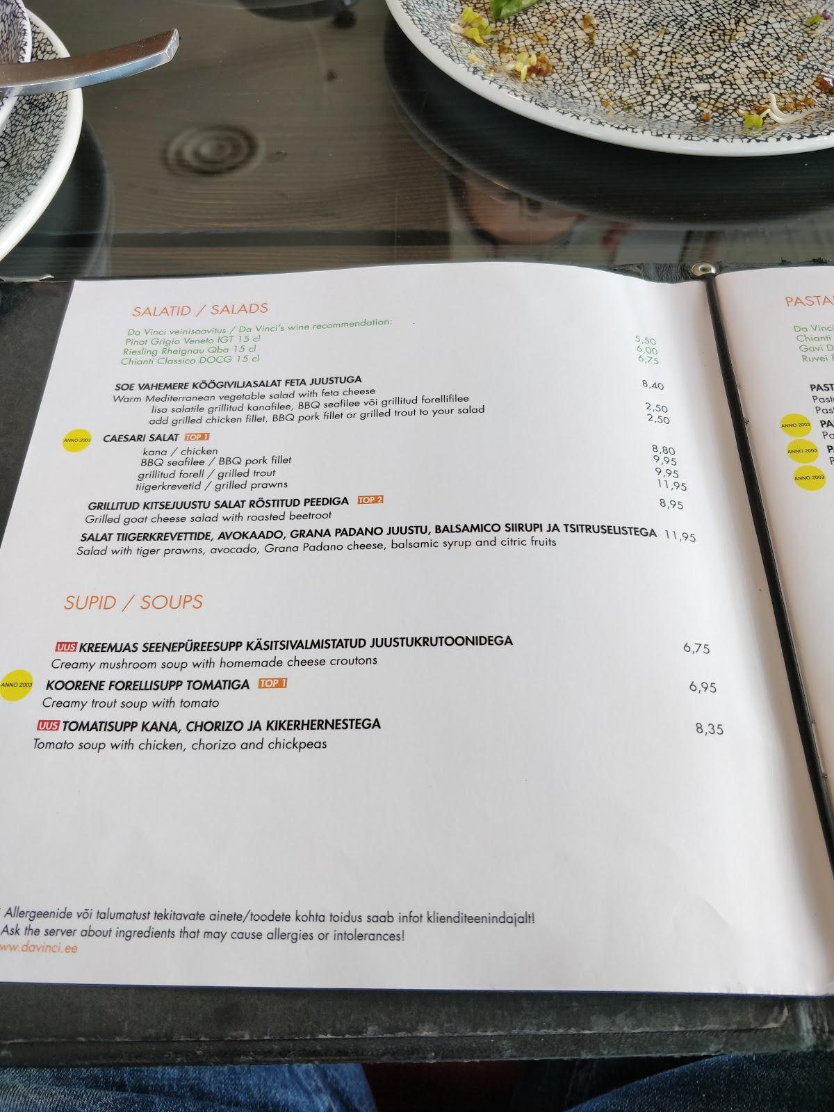 Menu at Da Vinci Pasta & Pizza restaurant, Pärnu