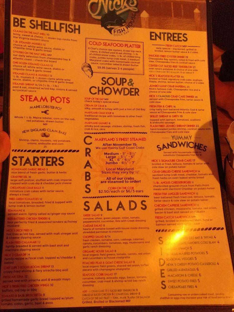 Menu at Nick's Fish House restaurant, Baltimore