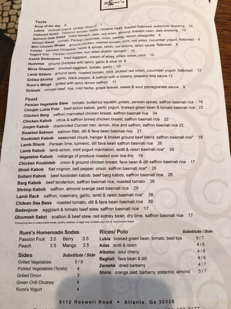 Menu at Rumi's Kitchen pub & bar, Atlanta