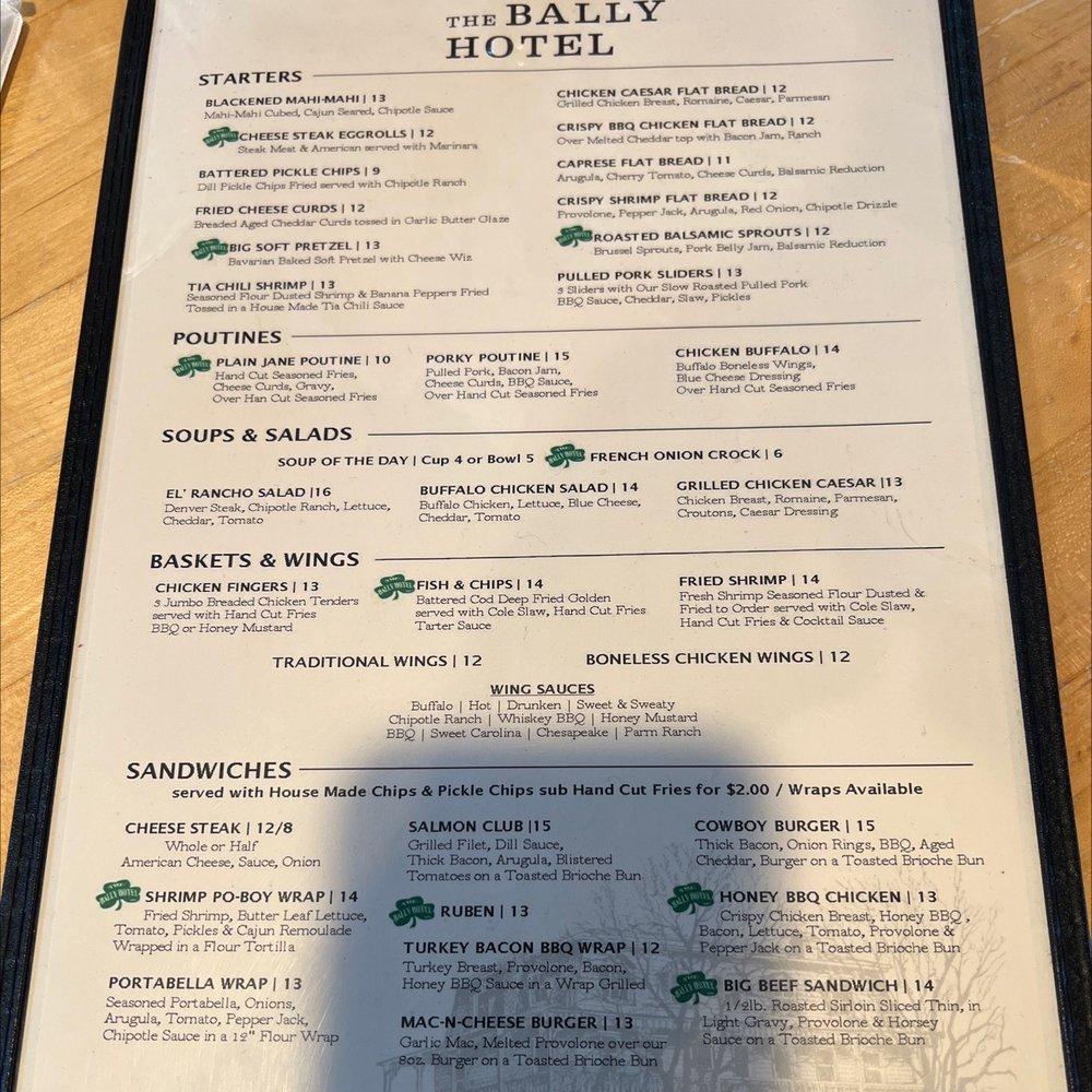 Menu at The Bally Hotel restaurant, Bally