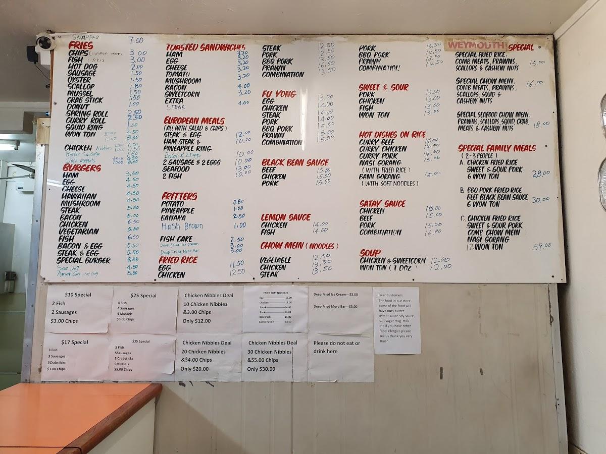 Menu at Weymouth Takeaways fast food, Auckland
