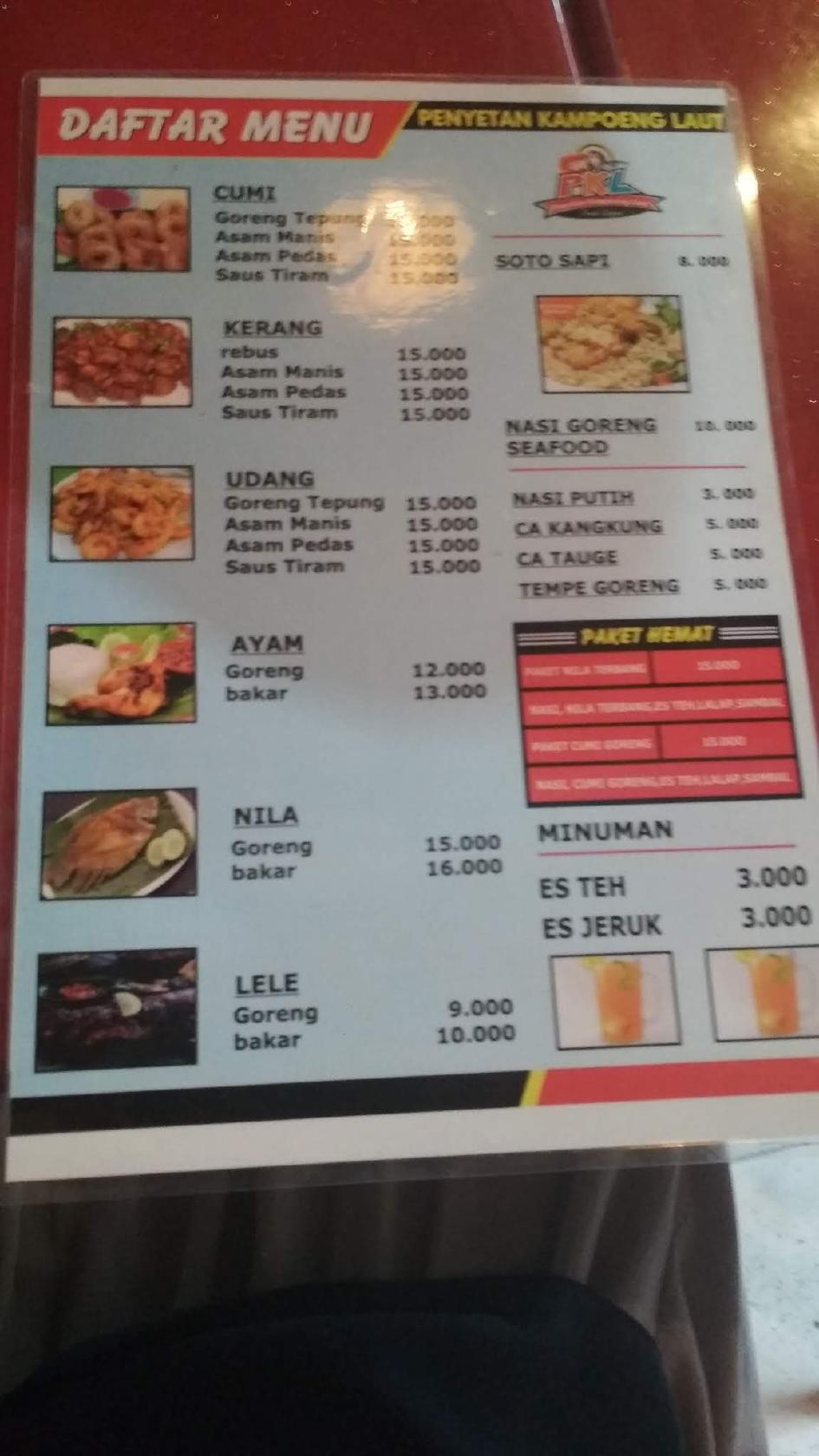 Menu at Penyetan Kampoeng Laut restaurant, Banjararum