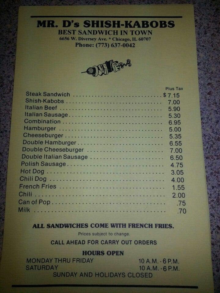 Menu at Mr D's ShishKabobs restaurant, Chicago