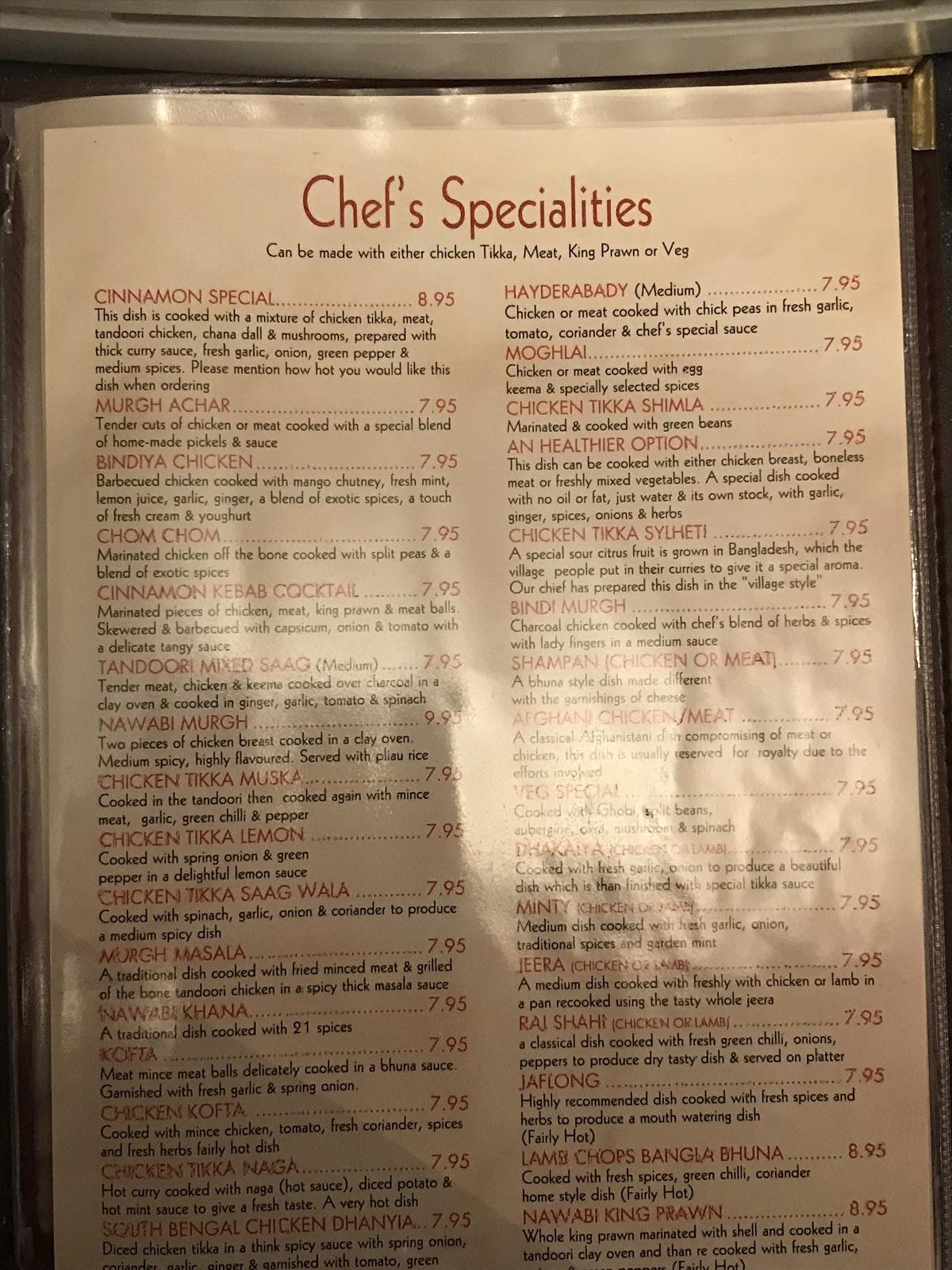 Menu at Cinnamon restaurant, Bubwith