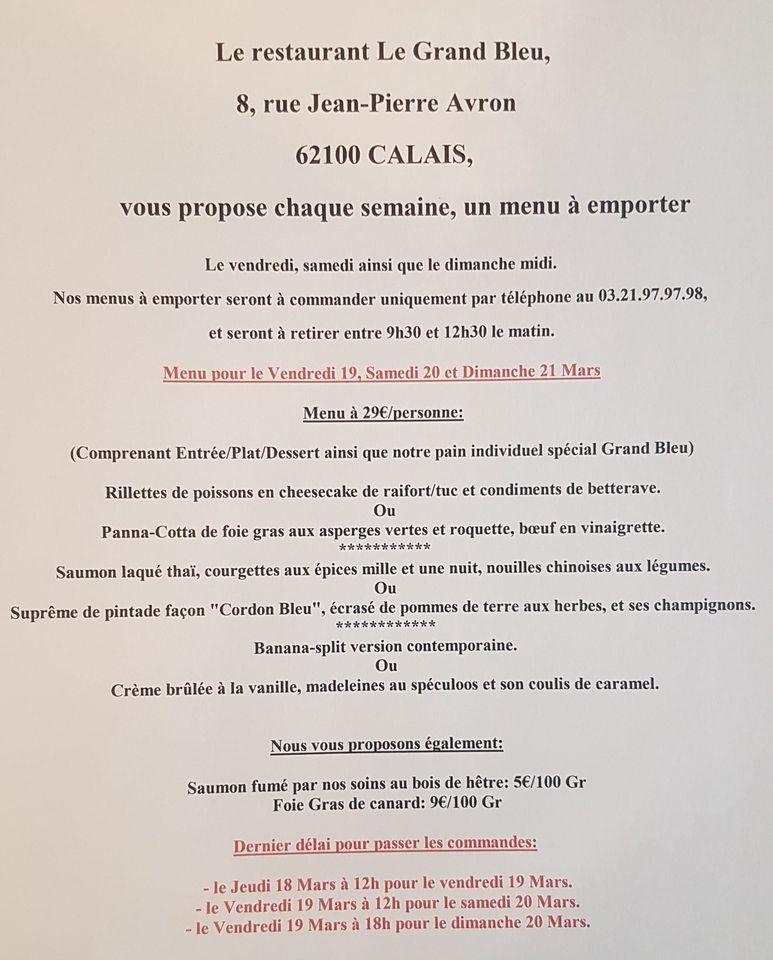 Menu au Restaurant Le Grand Bleu Calais, Calais