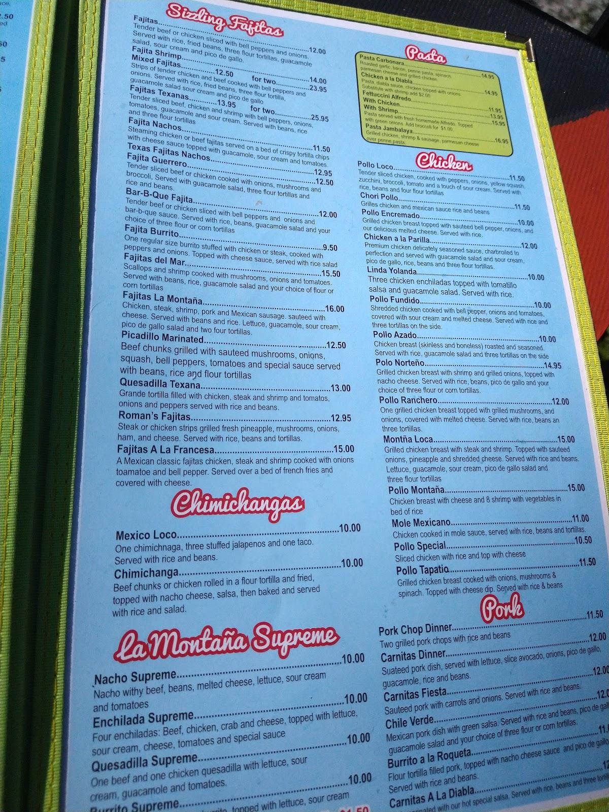 Menu at La Montaña Mexican Restaurant, Chimney Rock