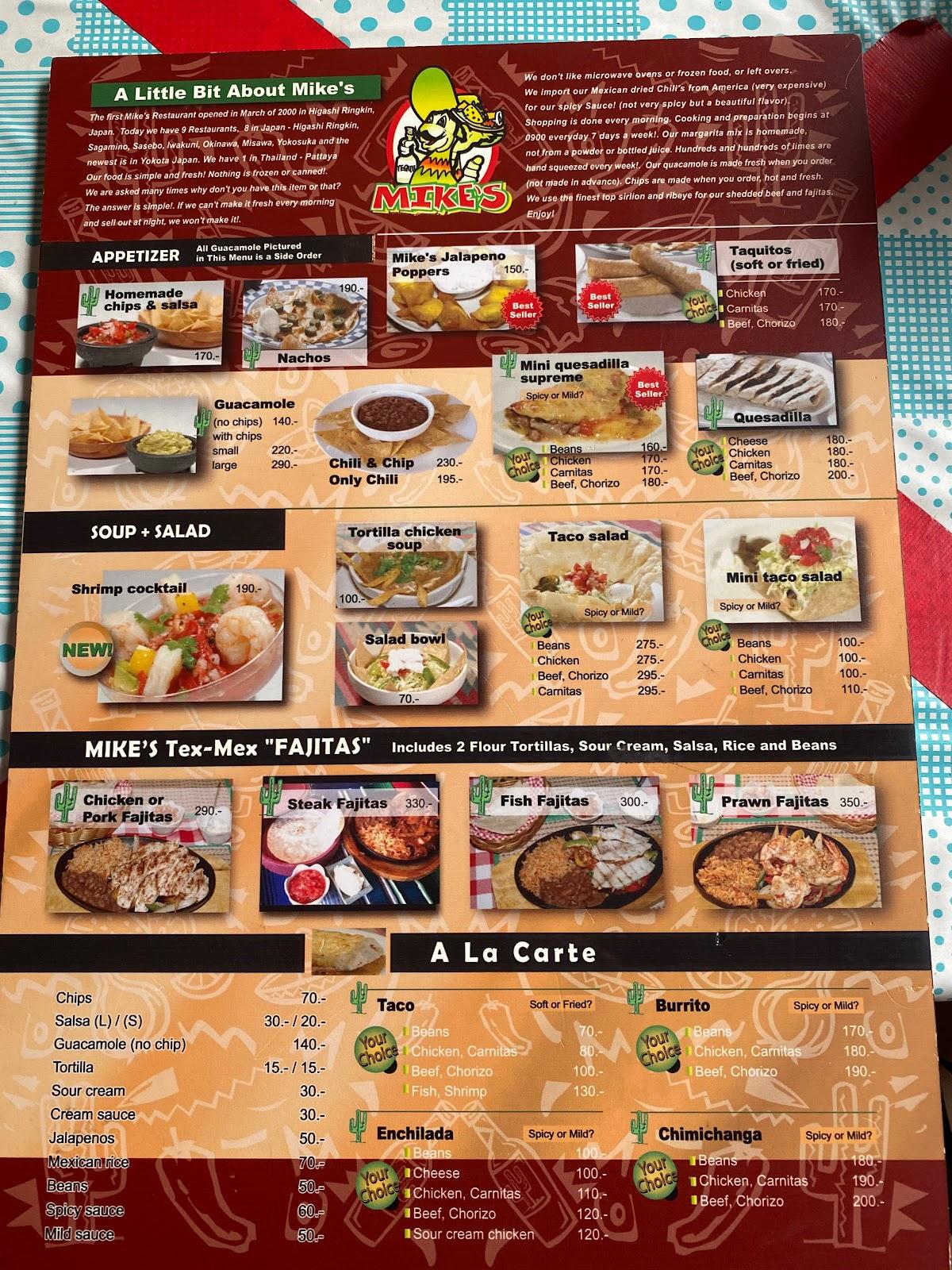 Menu at Mikes Mexican Restaurant, Pattaya City