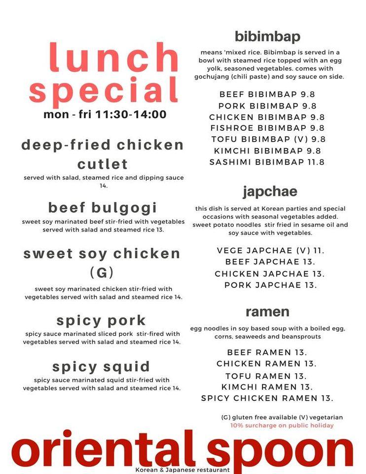 Menu at Oriental Spoon Korean Restaurant, Port Macquarie