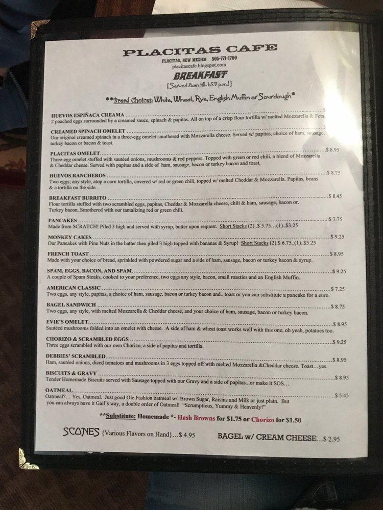 Menu at Placitas Cafe, Placitas