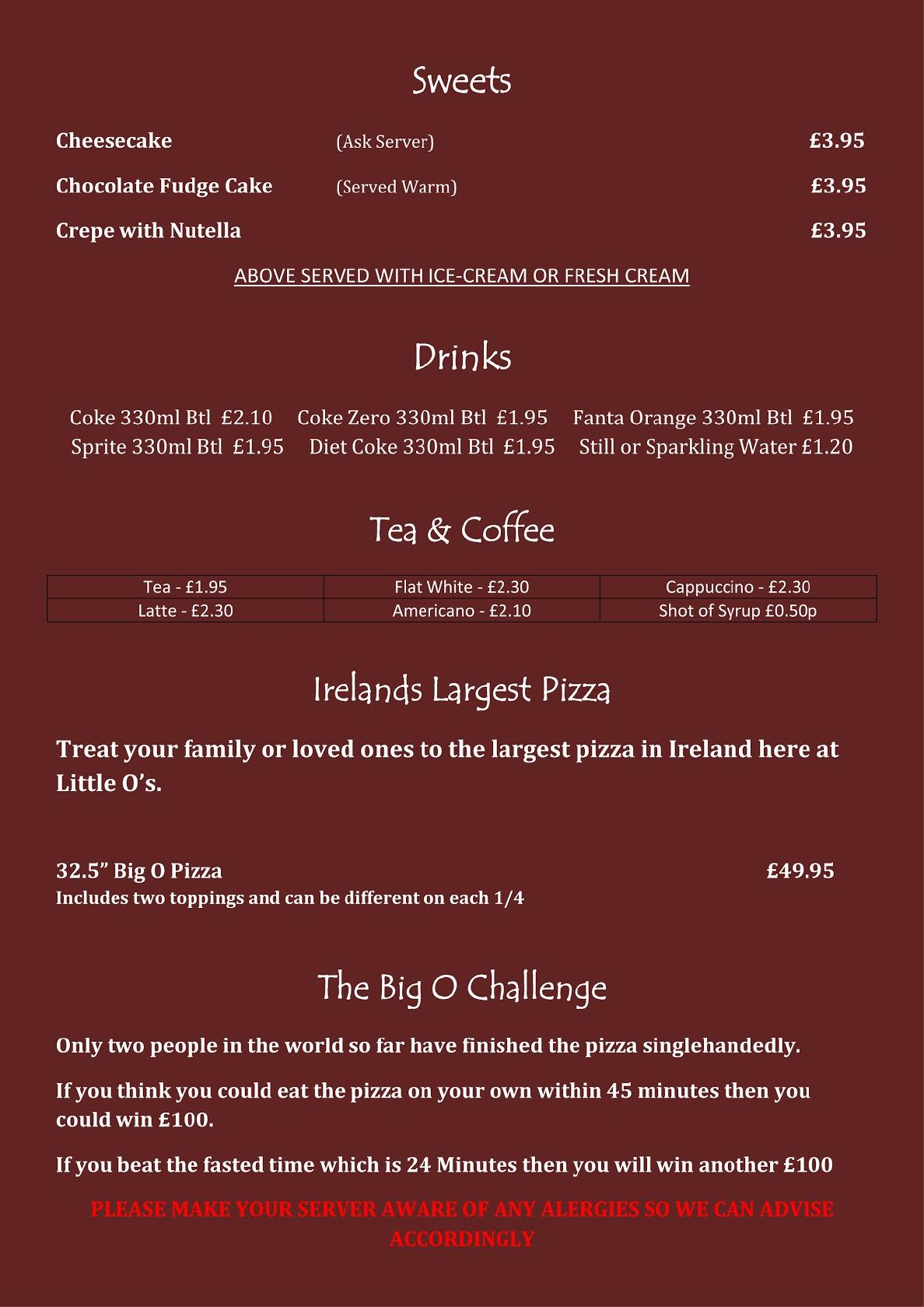 Menu at Little O's Ormeau Road pizzeria, Belfast
