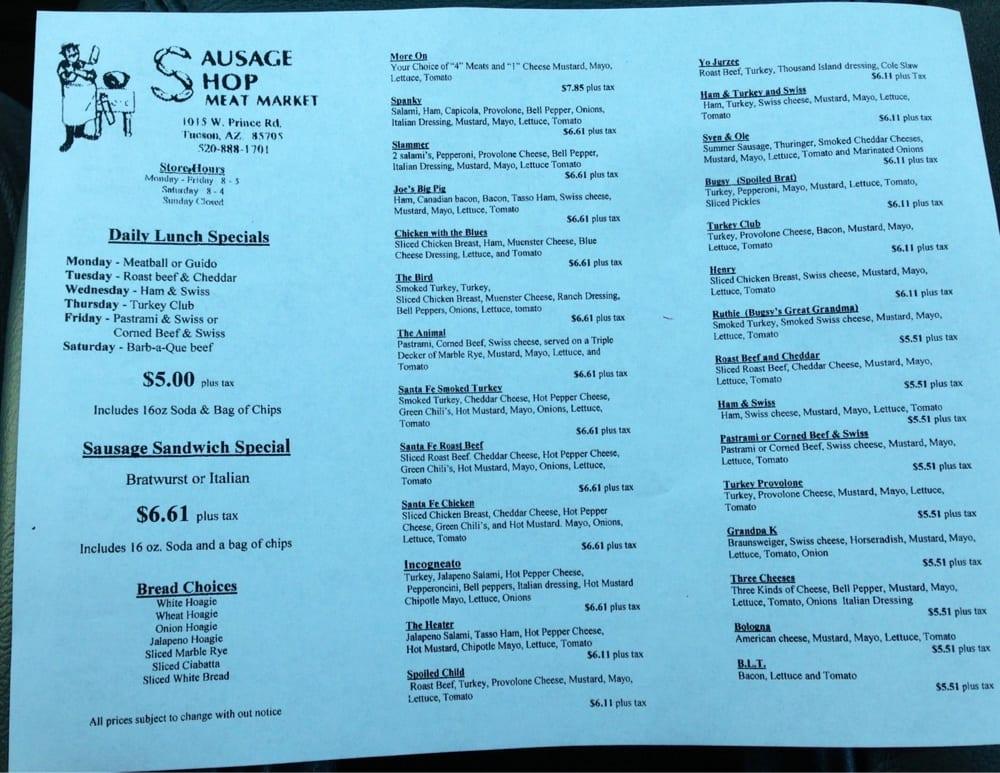 Menu at Sausage Shop Meat Market and Deli restaurant, Tucson, W Prince