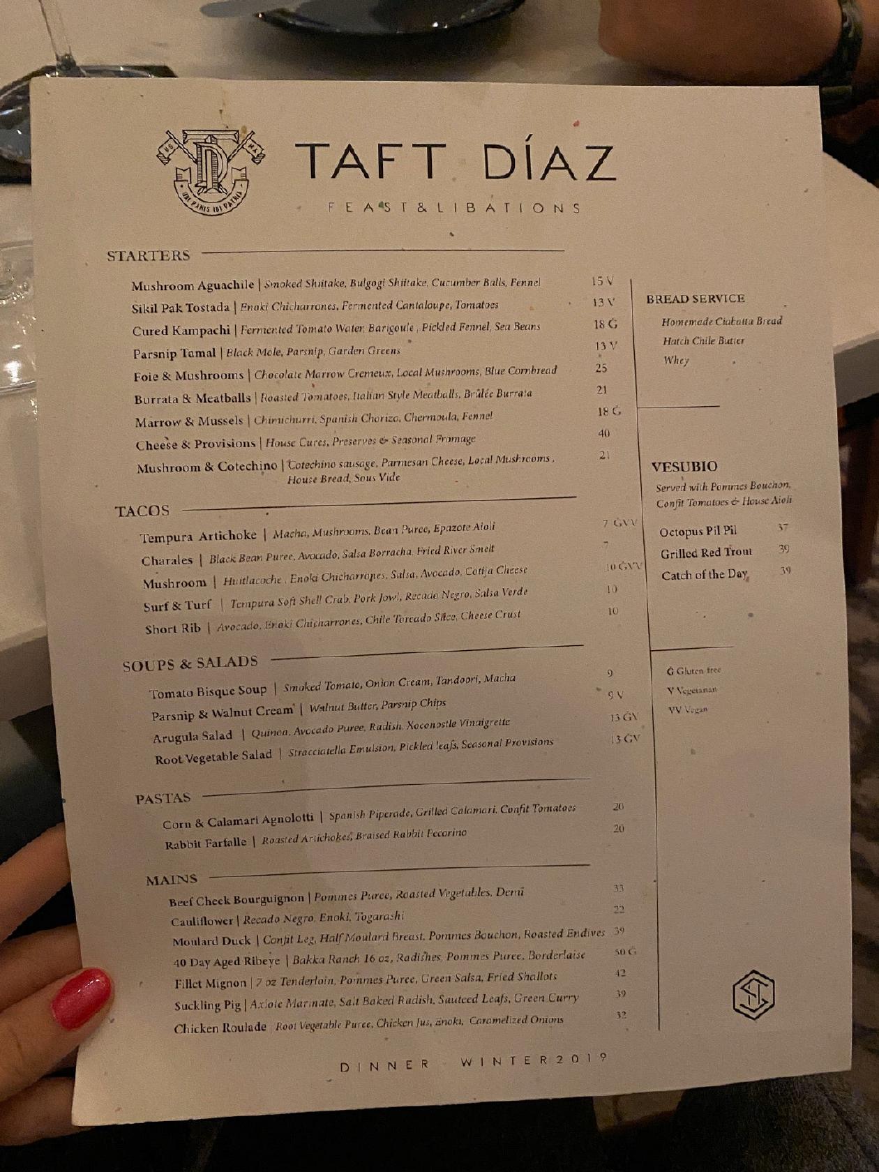 Menu at TaftDiaz restaurant, El Paso