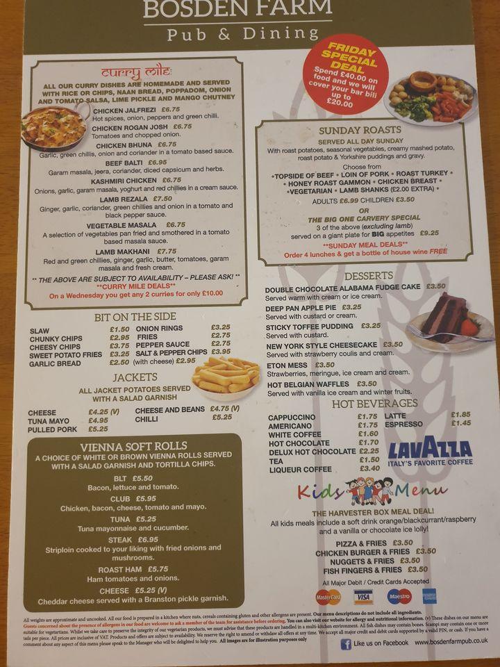 Menu at Bosden Farm Pub and Dining, Stockport