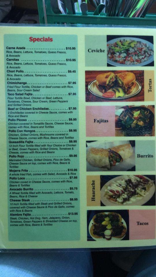 Menu at Tacos el Mariachi restaurant, Kingsport
