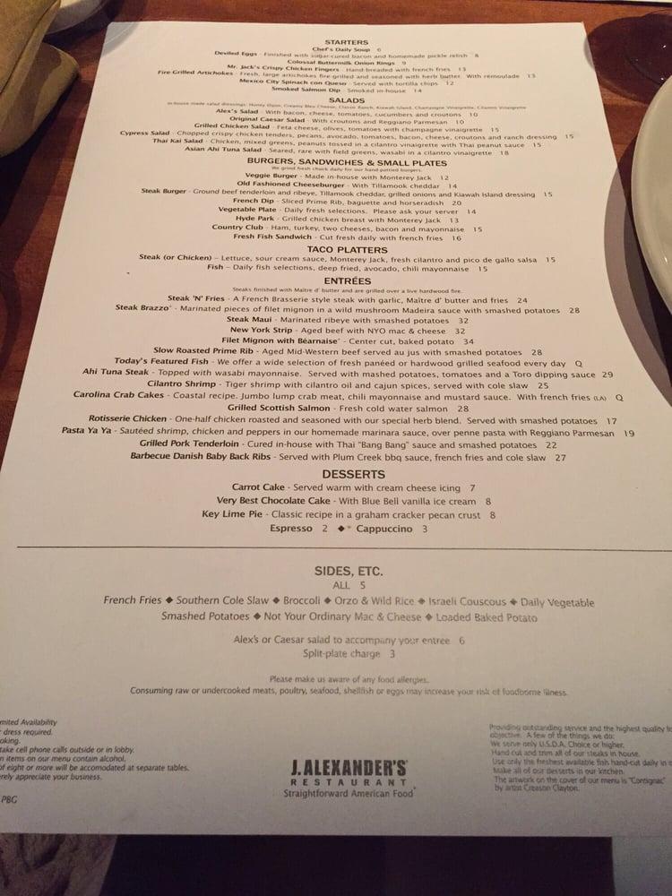 Menu at J. Alexander's Restaurant, Palm Beach Gardens, PGA Boulevard