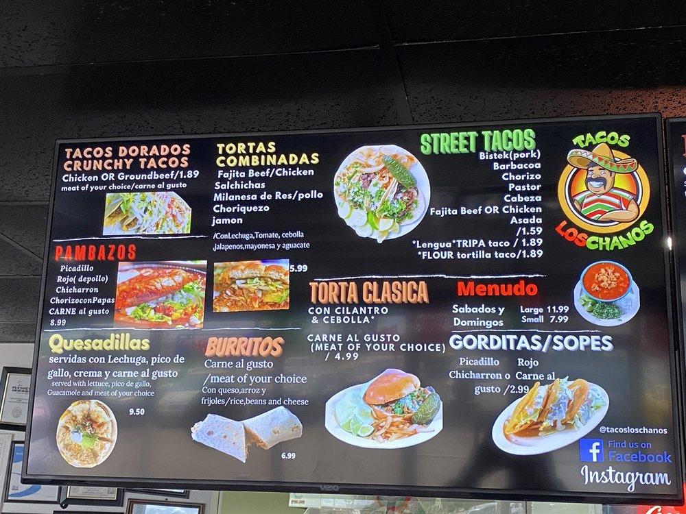 Menu at Tacos Los Chanos restaurant, McKinney