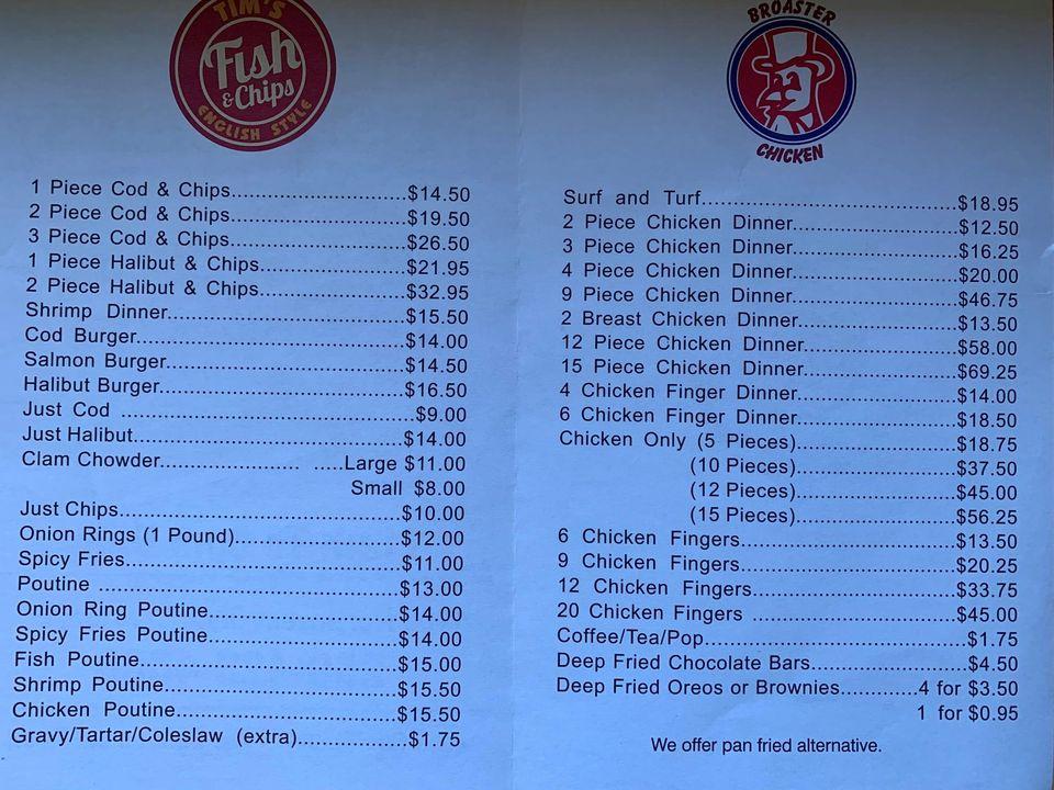 Menu at Tim's Fish & Chips restaurant, Creston, Northwest Blvd