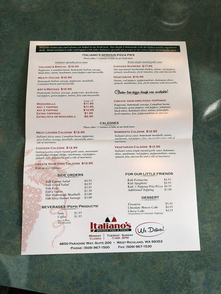 Menu at Italiano's Serious Pies & Pasta Restaurant, West Richland