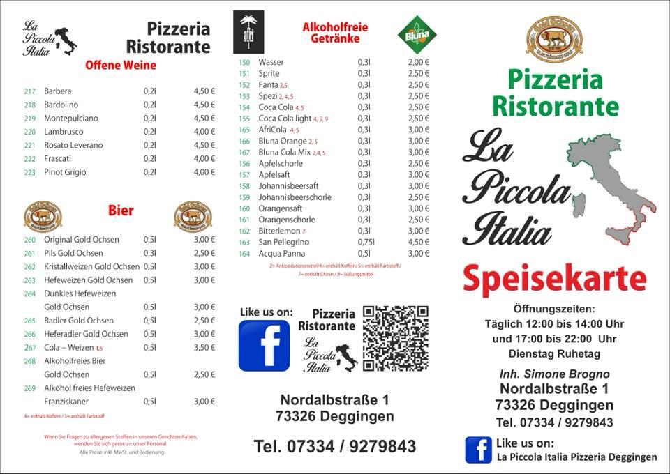 Speisekarte von La Piccola Italia Pizzeria Ristorante Deggingen, Deggingen