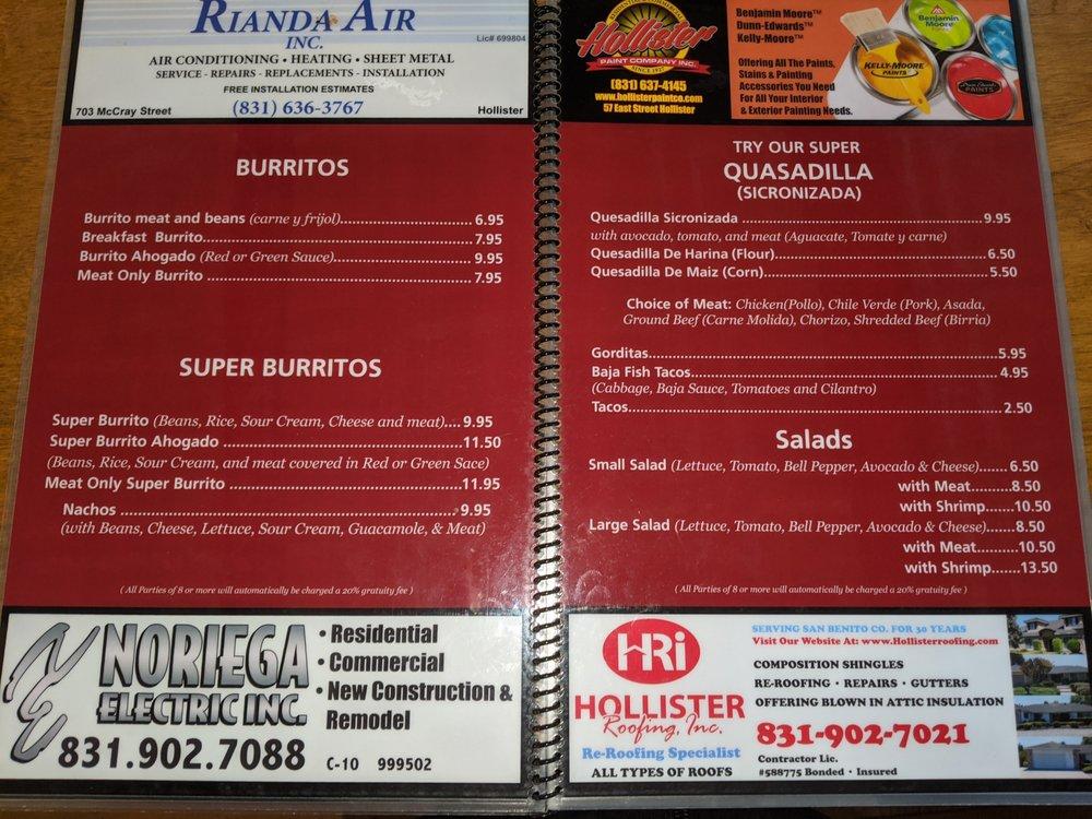 Menu at La Villa de Jerez Restaurant, Hollister, 905 East St