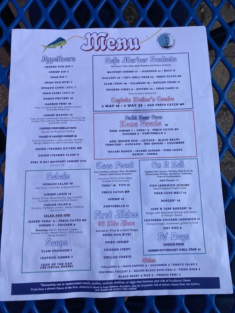 Menu at Safe Harbor Seafood Restaurant, Crescent Beach