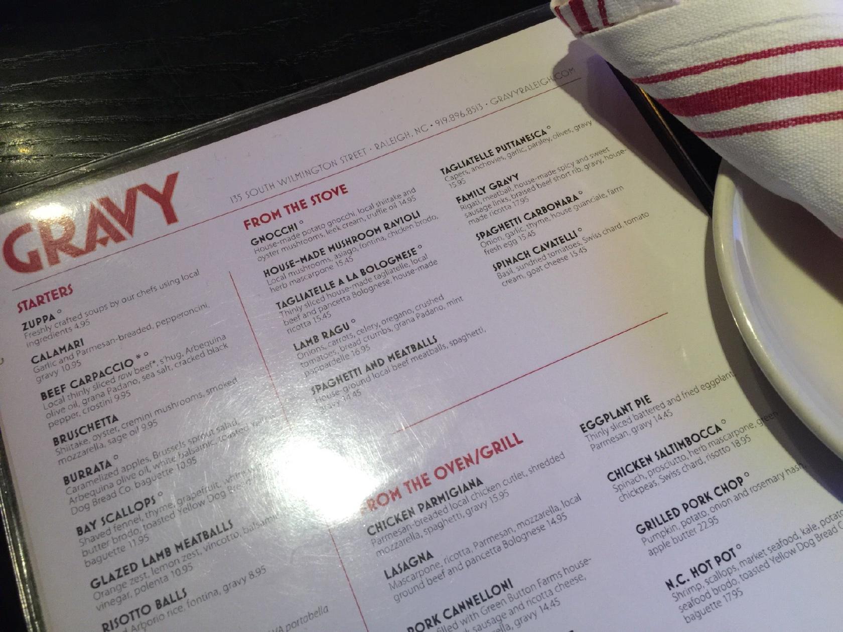 Menu at Gravy restaurant, Raleigh