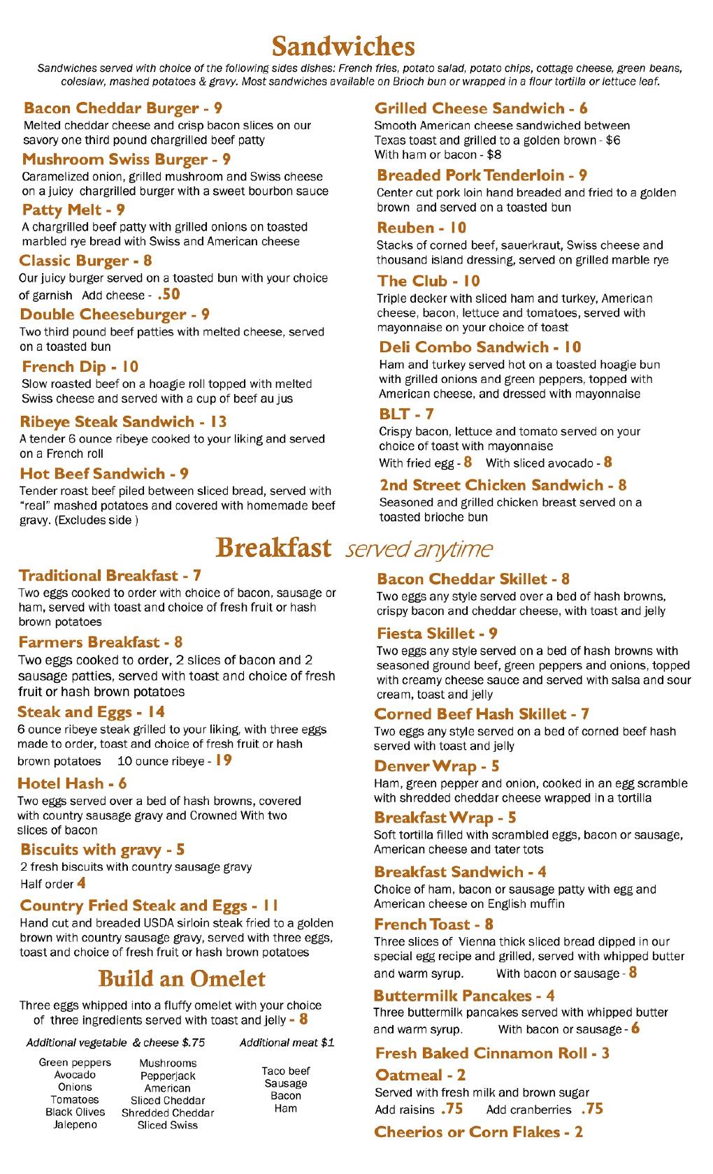 Menu at Second Street Cafe, Ottumwa