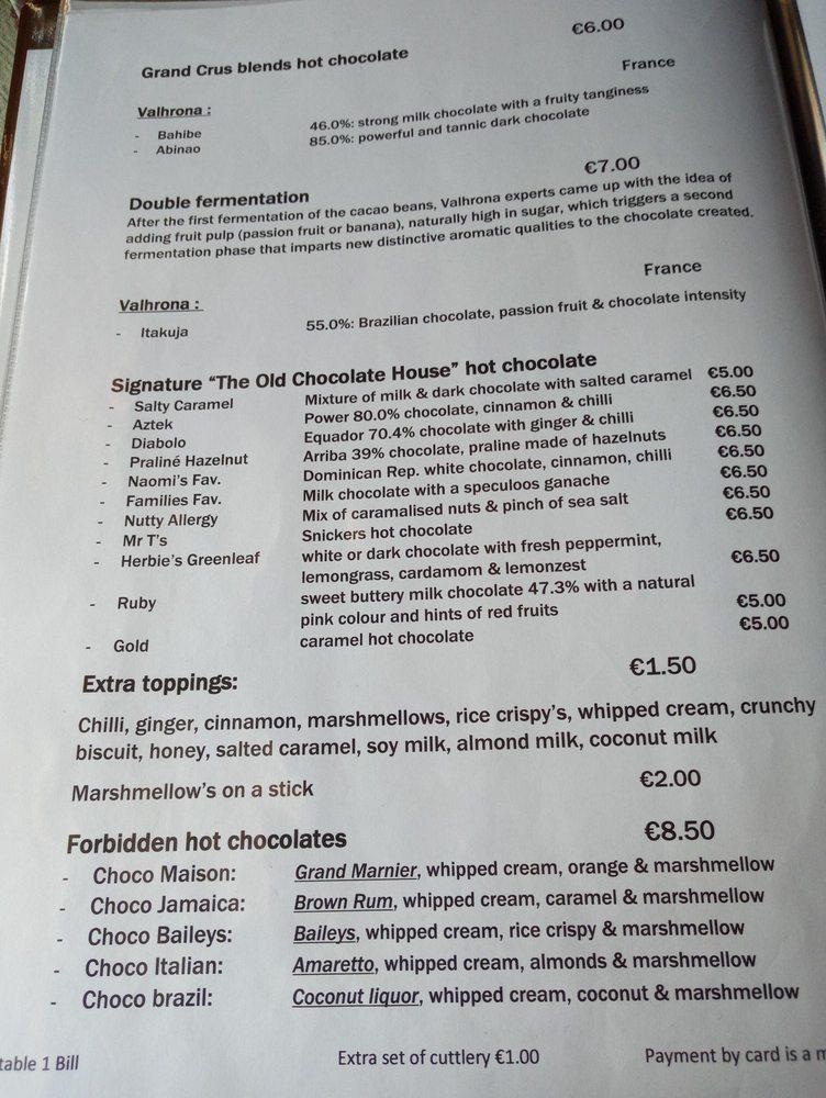 Menu at The Old Chocolate House, Bruges