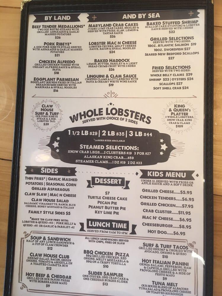 Menu at The Claw House restaurant, Murrells Inlet