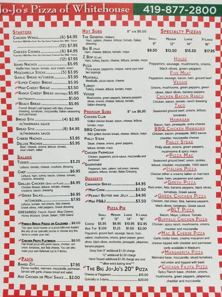 Menu at JoJo's Pizza of Whitehouse pizzeria, Whitehouse