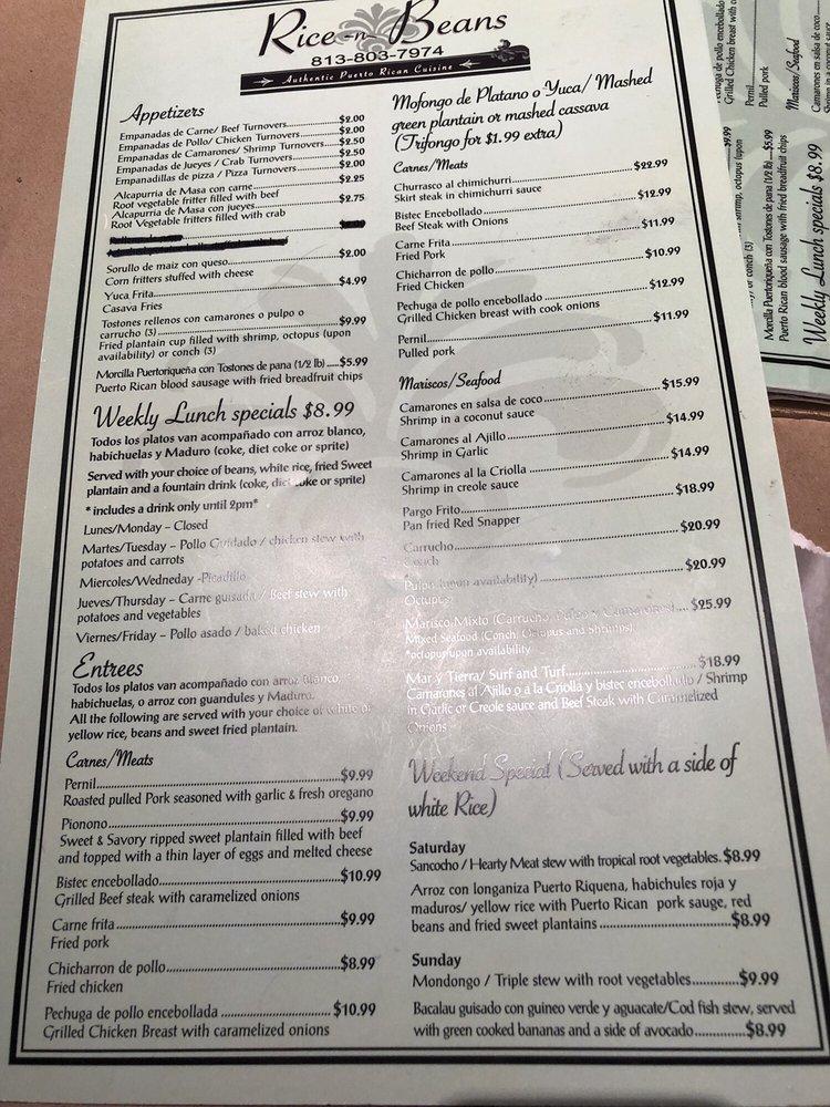 Menu at Rice N Beans restaurant, Wesley Chapel South, Wesley Chapel Blvd