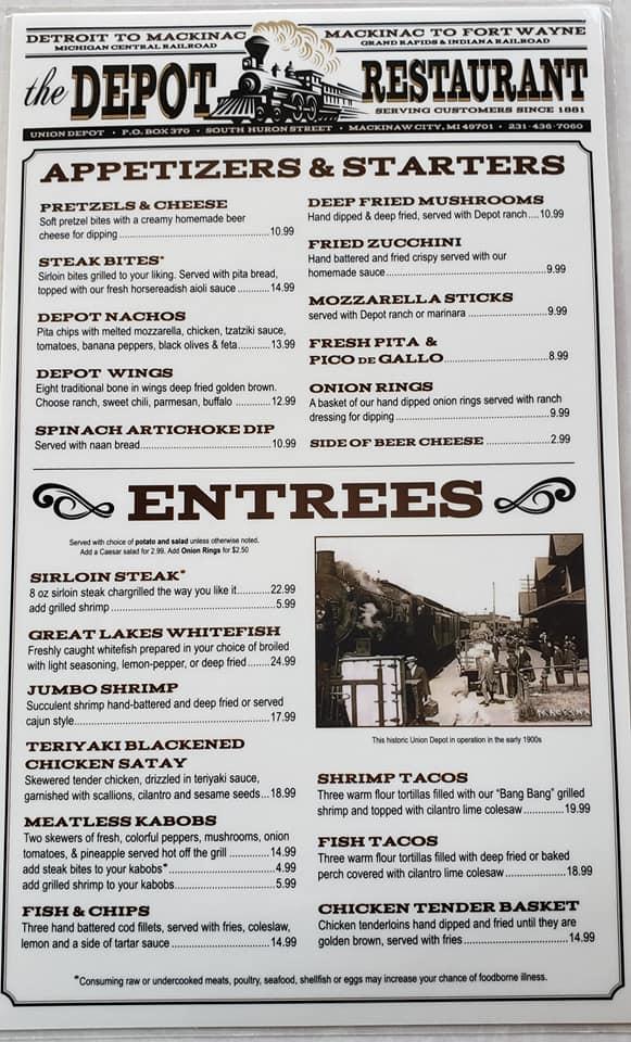Menu at The Historic Depot Restaurant, Mackinaw City