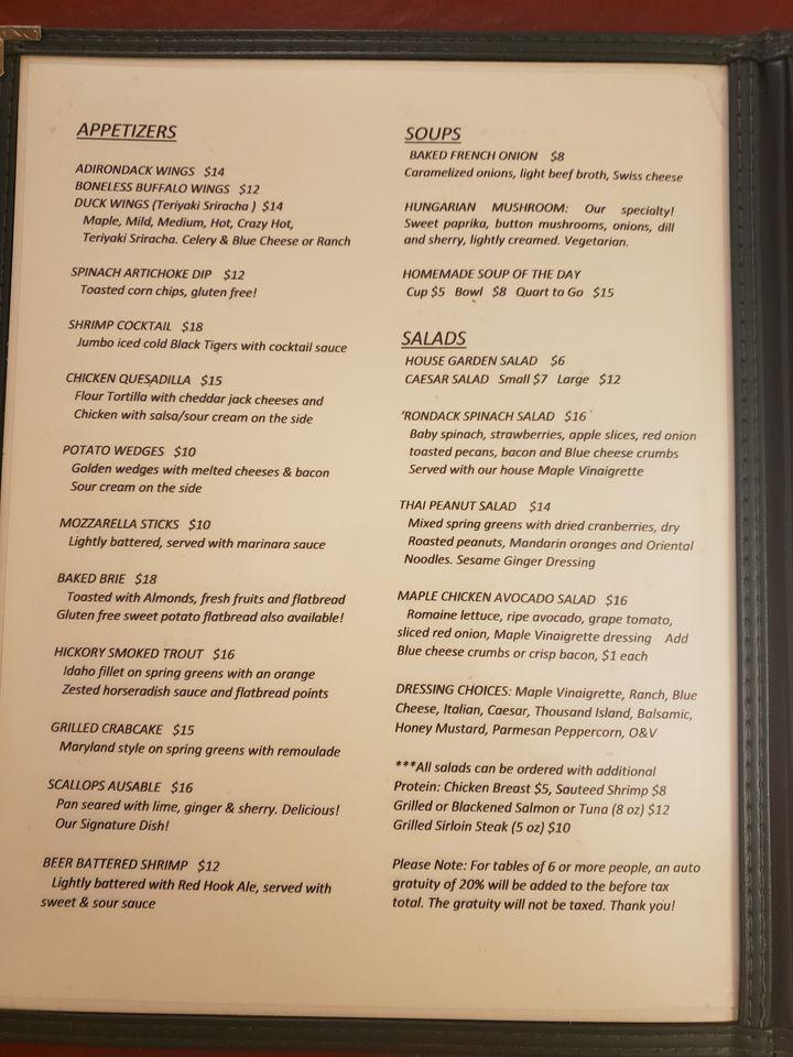 Menu at Ausable Inn pub & bar, Keene Valley