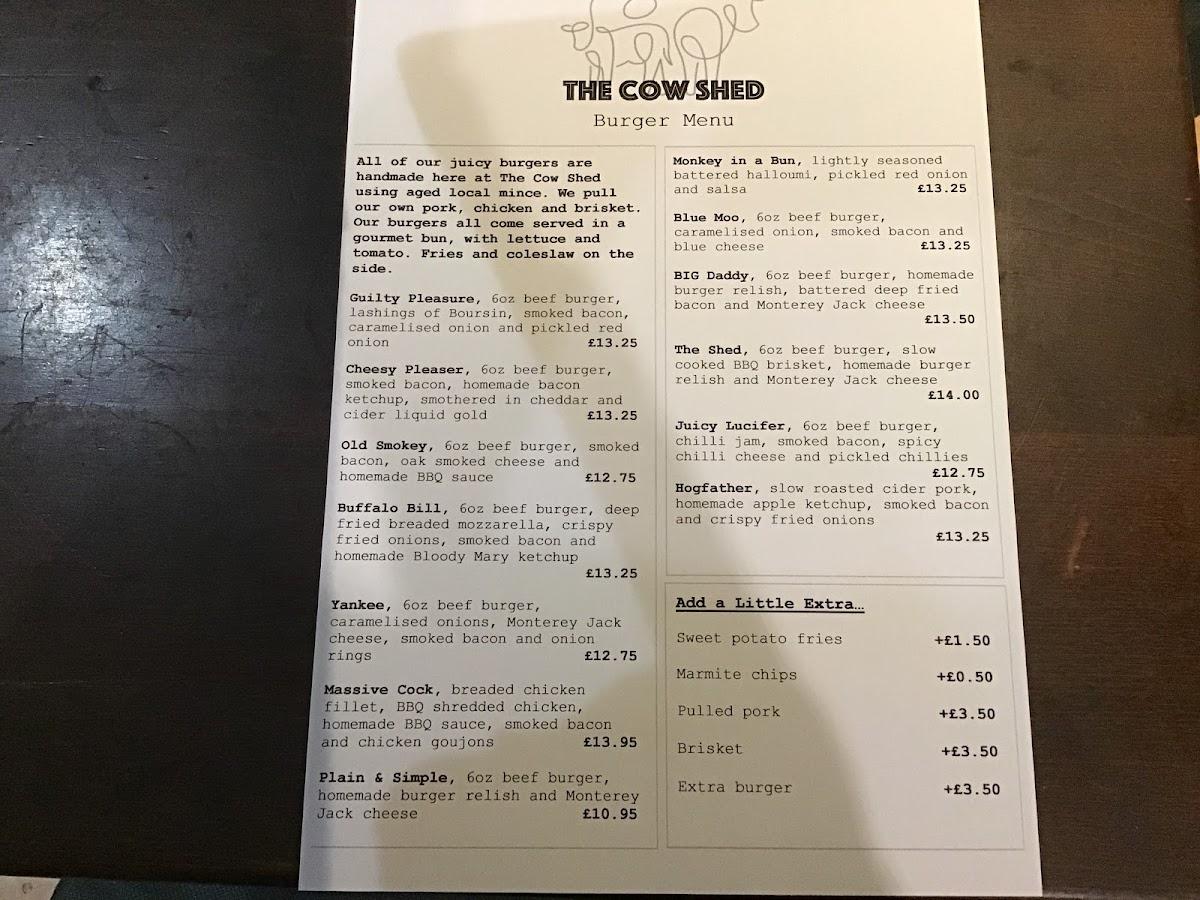 Menu at The Cow Shed restaurant, Brixham
