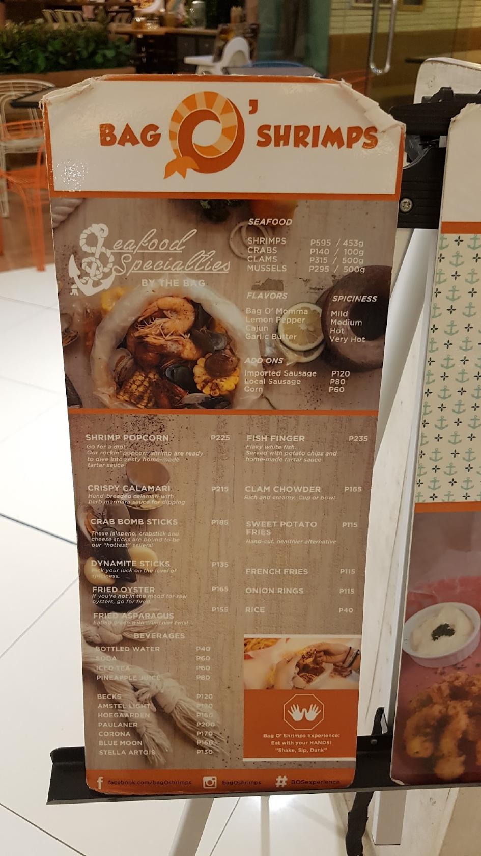 Menu at Bag O' Shrimps SM Megamall restaurant, Mandaluyong, 3rd floor
