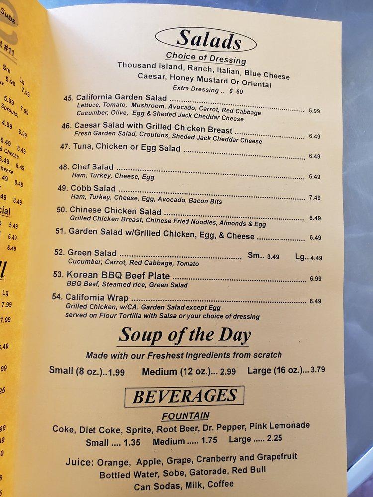 Menu at Sub King restaurant, Signal Hill