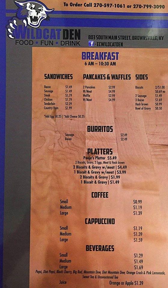 Menu at Wildcat Den restaurant, Brownsville