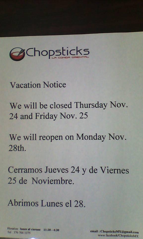 Menu at Chopsticks restaurant, Ajijic