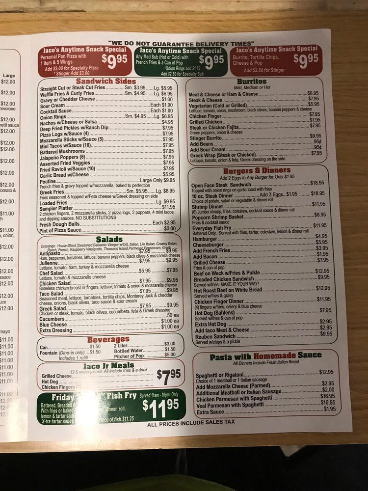 Menu at Jaco's Pizzeria, Niagara Falls