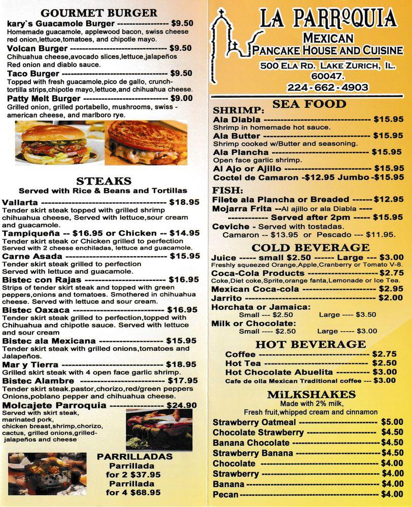 Menu at La Parroquia Mexican Pancake House and Cuisine restaurant, Lake Zurich