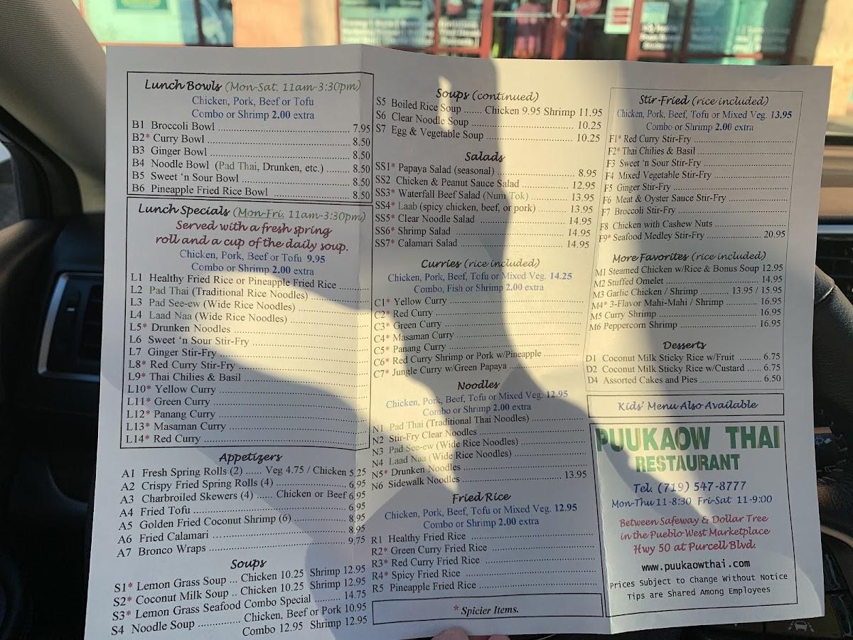 Menu at Puukaow Thai Restaurant, Pueblo West