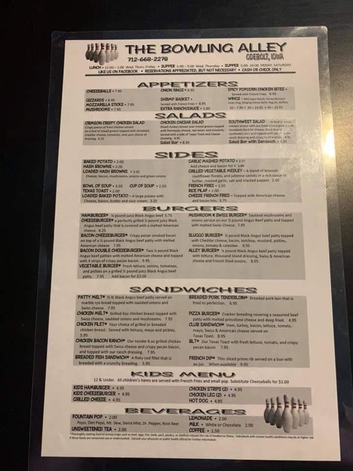 Menu at The Bowling Alley pub & bar, Odebolt