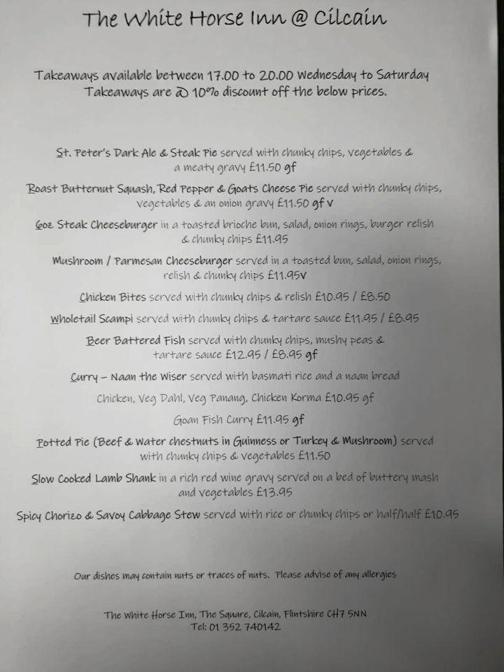 Menu at The White Horse Inn pub & bar, Cilcain