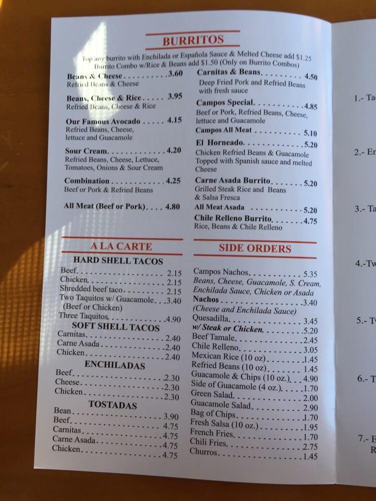 Menu at Campos Famous Burritos restaurant, Simi Valley