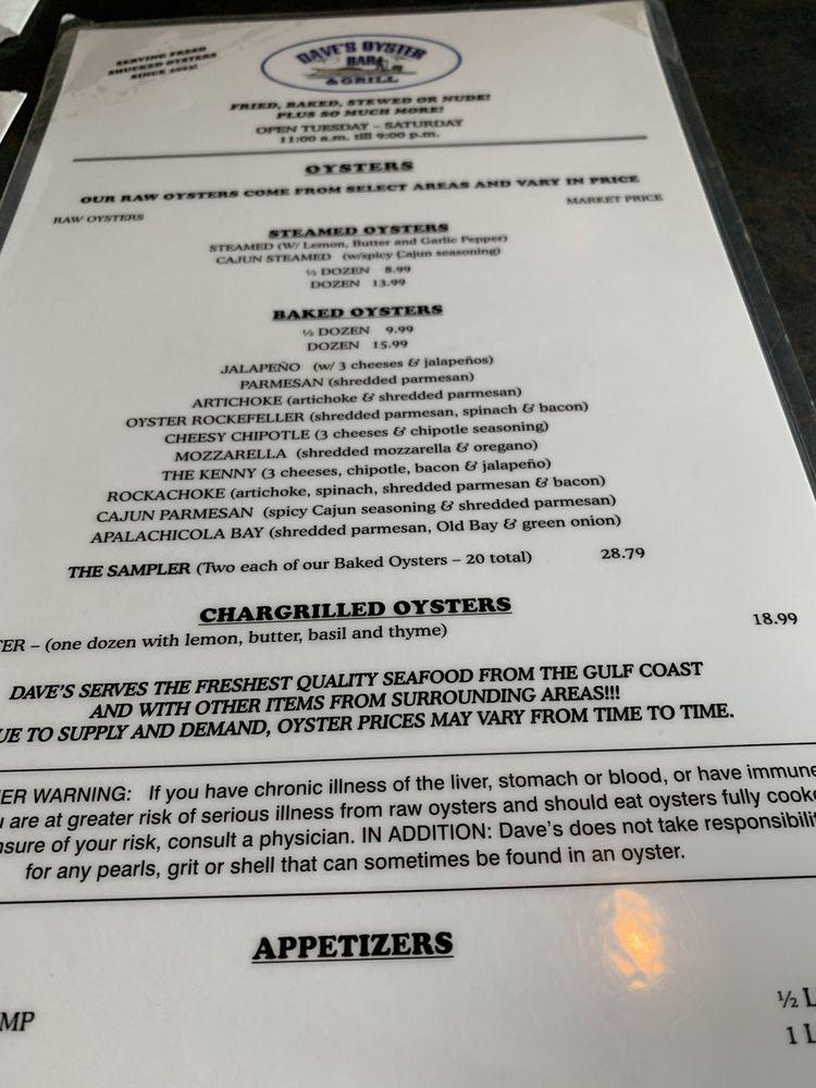 Menu at Dave's Oyster Bar and Grill, Pensacola Beach, Gulf Breeze Pkwy