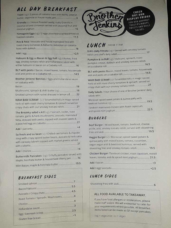 Menu at Brother Jenkins Cafe, Manunda